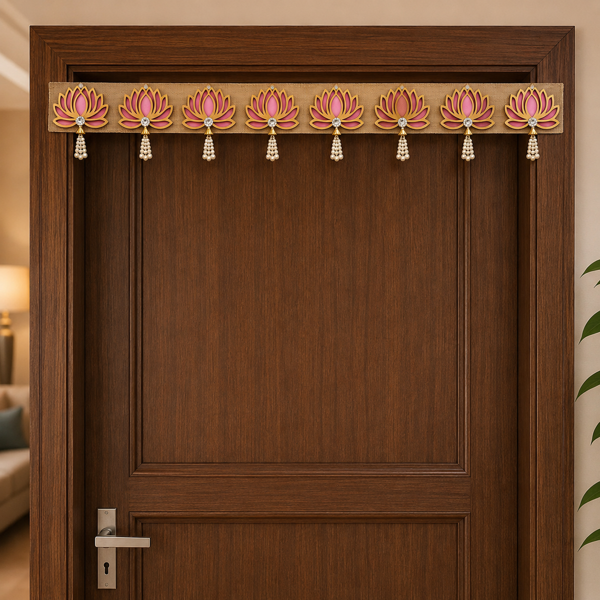 Pink Lotus Bandhanwar Door Hanging – 100 cm Reusable Decorative Toran with Pearl Accents, Handcrafted Ethnic Valance for Main Entrance, Pooja Room, Wedding & Festive Home Decor