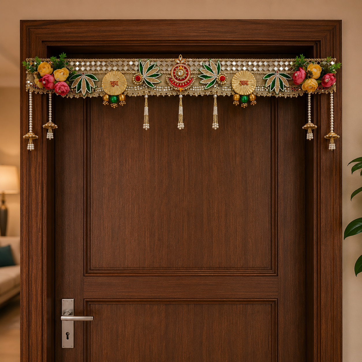 Shubh Labh Floral Bandhanwar Door Hanging – 100 cm Reusable Decorative Toran with Traditional Embellishments, Festive, and Wedding Decoration