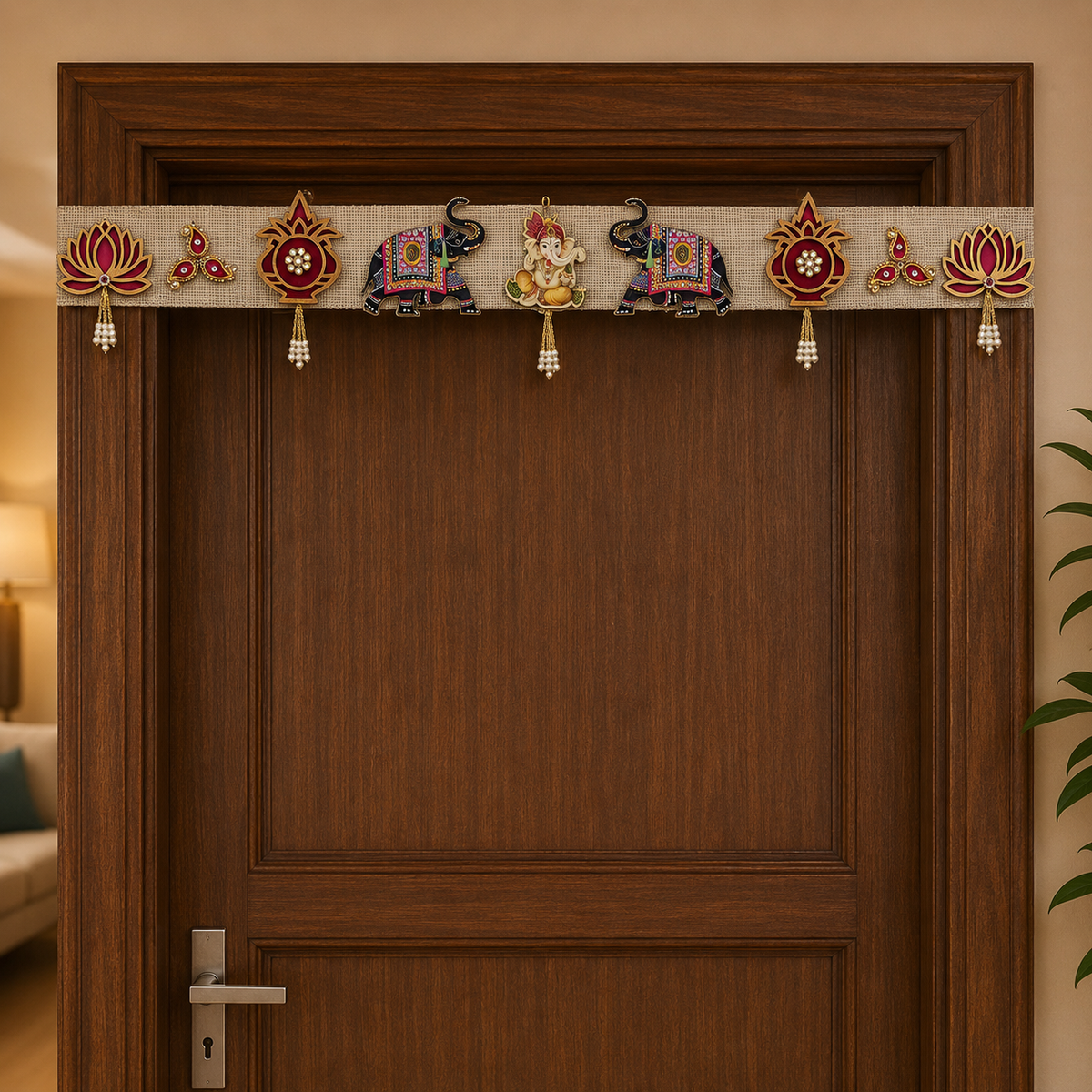 Decorative Door Toran for Entrance – Handcrafted Bandhanwar with Lord Ganesha, Elephant & Lotus Motifs, Toran for Diwali, Pooja Room, Wedding & Home Decor (100 cm)