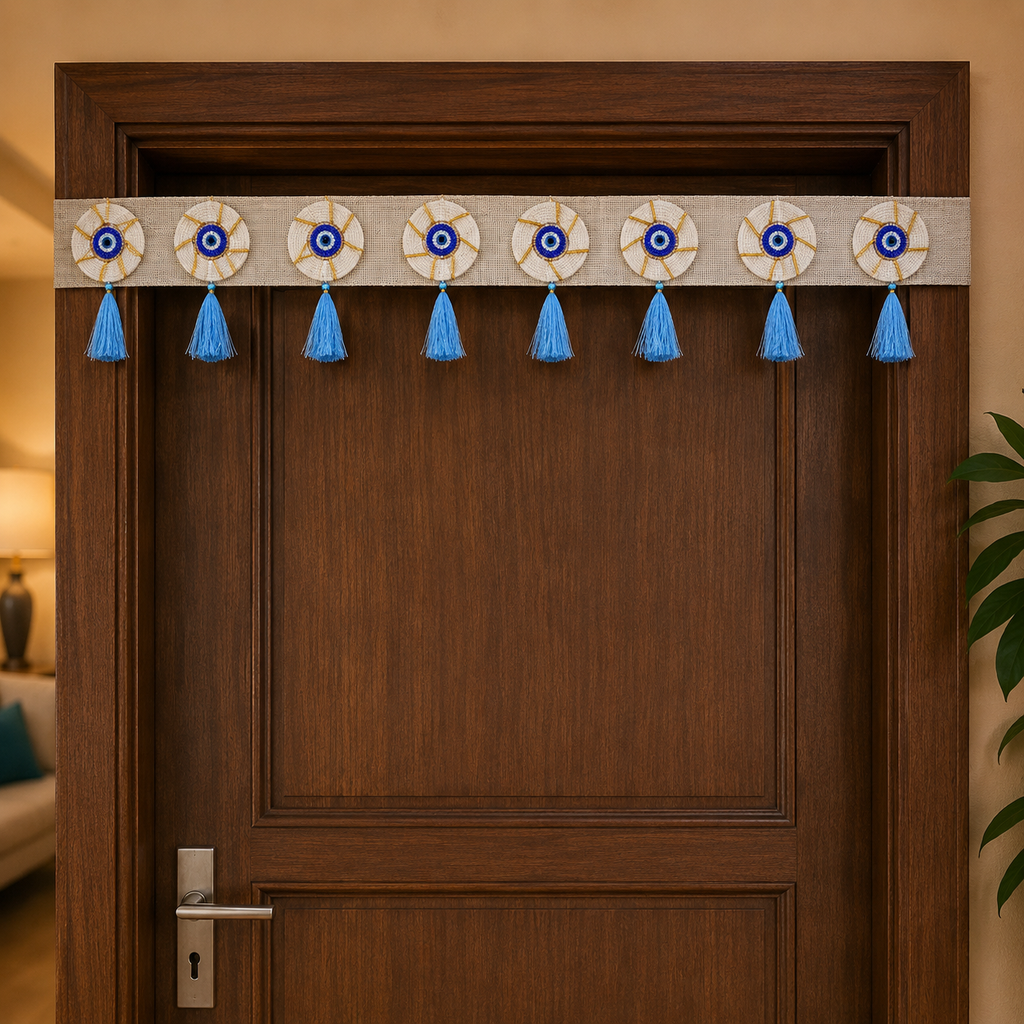 Evil Eye Bandhanwar Door Hanging – 100 cm Reusable Decorative Toran with Protective Eye Design & Blue Tassels, Handcrafted Traditional Valance for Main Entrance, Housewarming & Gift