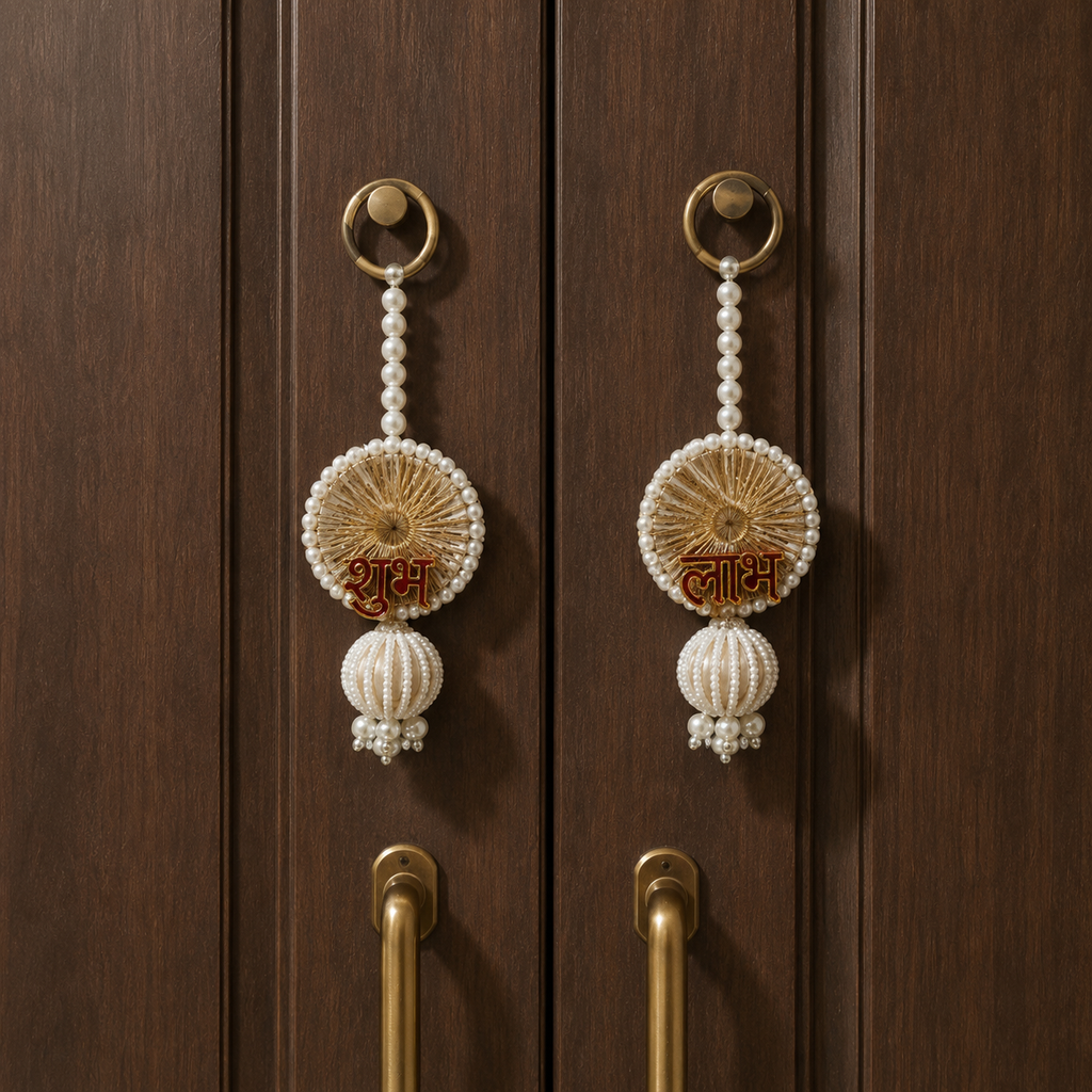 Decorative Shubh Labh Wall Hanging – 13 cm Pearl Beaded Traditional Door Decor for Diwali, Housewarming, Pooja Room & Festive Entrance Decoration (Set of 2)