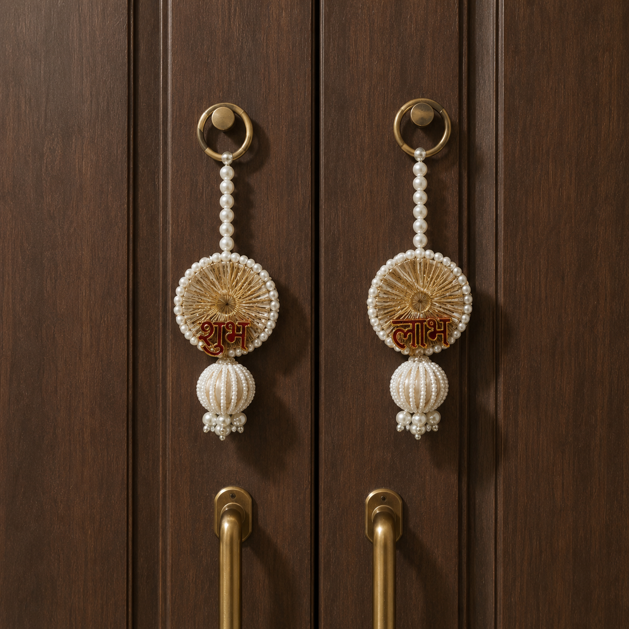 Decorative Shubh Labh Wall Hanging – 13 cm Pearl Beaded Traditional Door Decor for Diwali, Housewarming, Pooja Room & Festive Entrance Decoration (Set of 2)