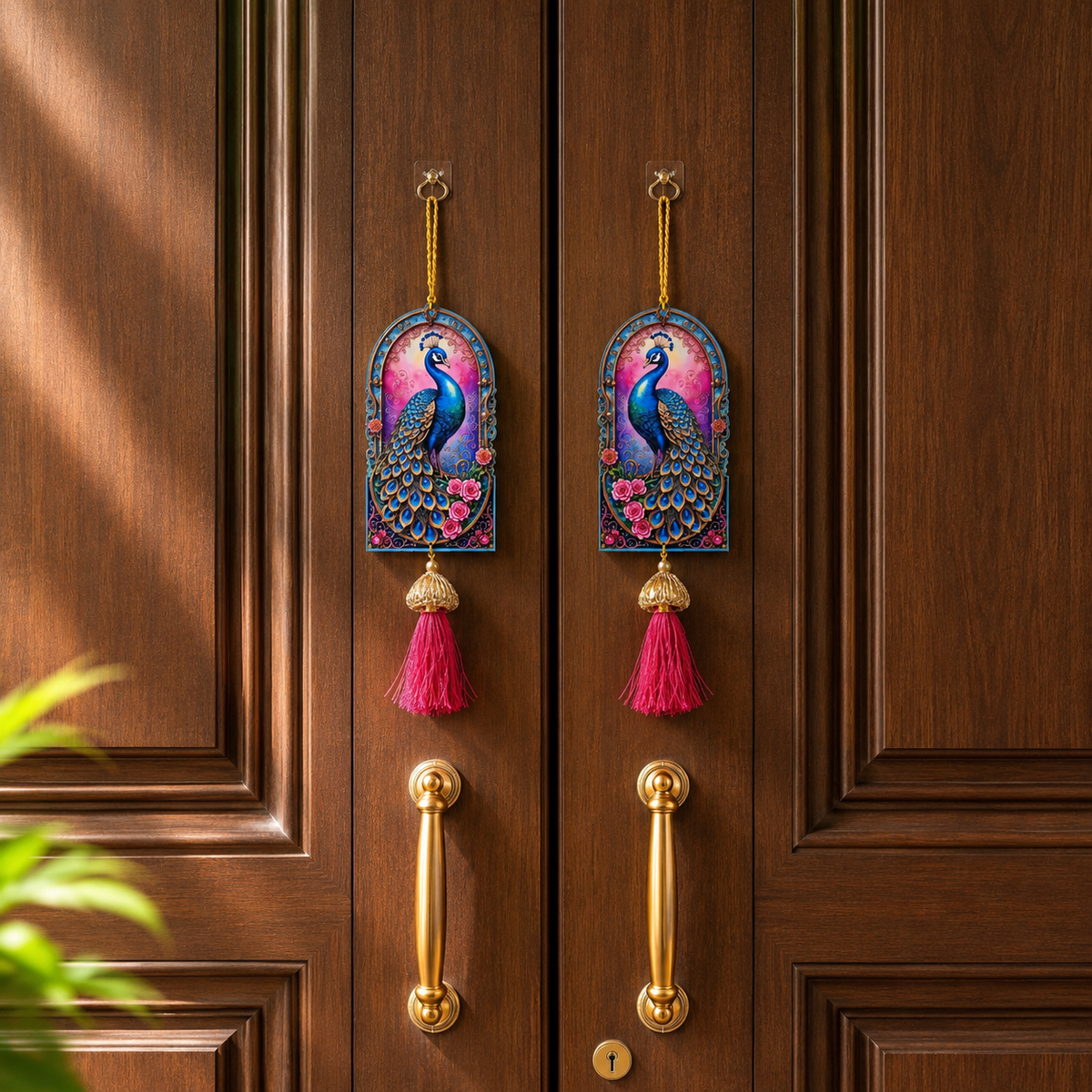Ethnic Peacock Door Hanging – 28 cm Traditional Signage for Entrance, Living Room & Festive Home Decor, Washable & Long Lasting (Set of 2, Multicolour)