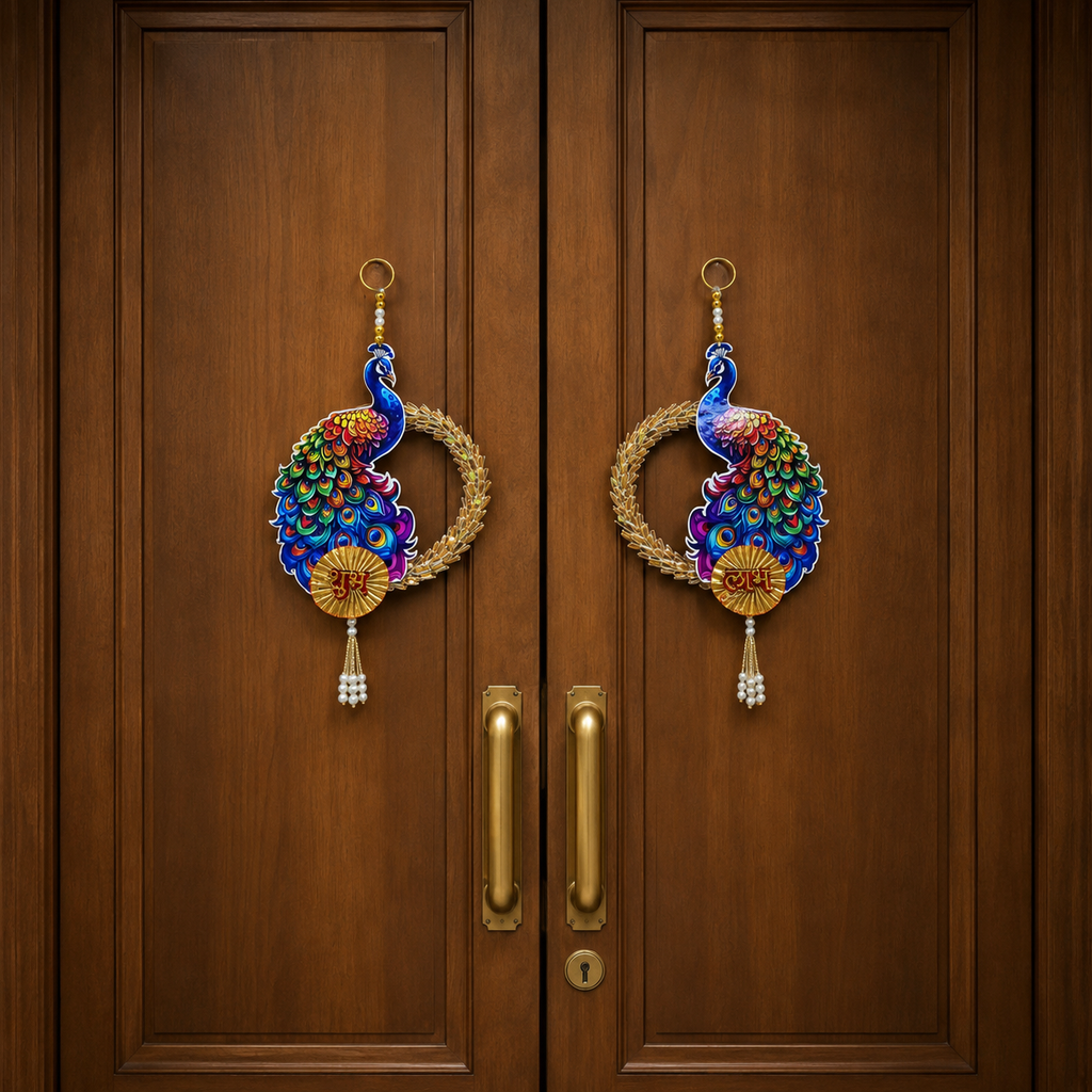 Ethnic Peacock Door Hanging – 26 cm Traditional Signage for Entrance, Living Room & Festive Home Decor, Washable & Reusable (Set of 2, Multicolour)