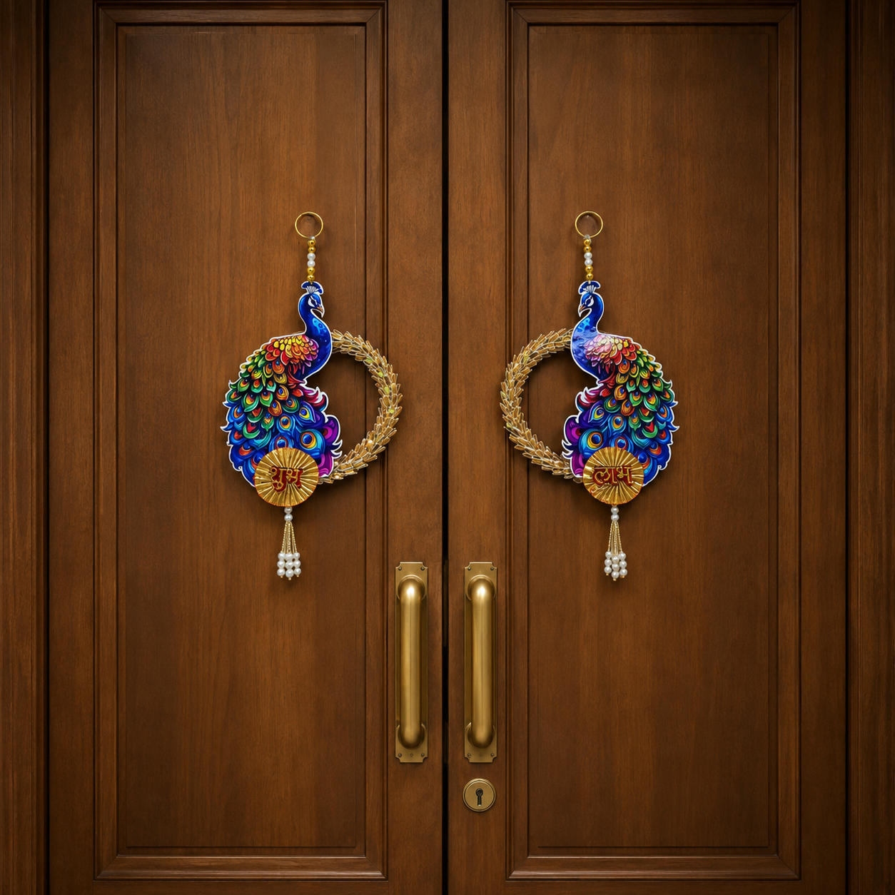 Ethnic Peacock Door Hanging – 26 cm Traditional Signage for Entrance, Living Room & Festive Home Decor, Washable & Reusable (Set of 2, Multicolour)