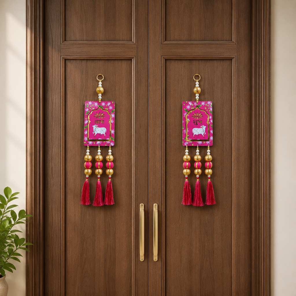 Ethnic Cow Door Hanging – 42 cm Reusable Traditional Signage for Entrance, Living Room & Festive Home Decor, Washable & Long Lasting (Set of 2, Pink)