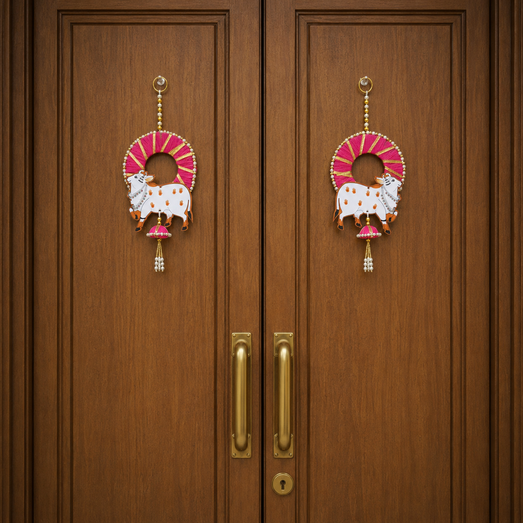 Ethnic Cow Door Hanging – 25 cm Traditional Signage for Entrance, Living Room & Festive Home Decor, Handmade Spiritual Ornament with Thread, Washable & Long Lasting (Set of 2, Pink)