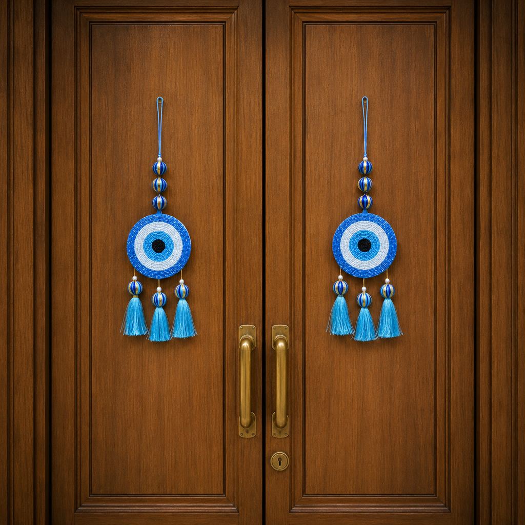 Ethnic Evil Eye Door Hanging – 40 cm Reusable Traditional Ornament for Entrance, Balcony & Festive Home Decor, (Set of 2, Multicolour)