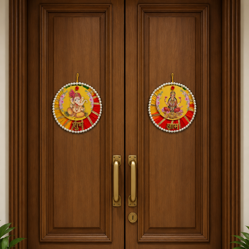 Ethnic Ganesha Lakshmi Door Hanging – 13 cm Reusable Traditional Signage for Entrance, Housewarming & Festive Home Decor, (Set of 2, Multicolour)