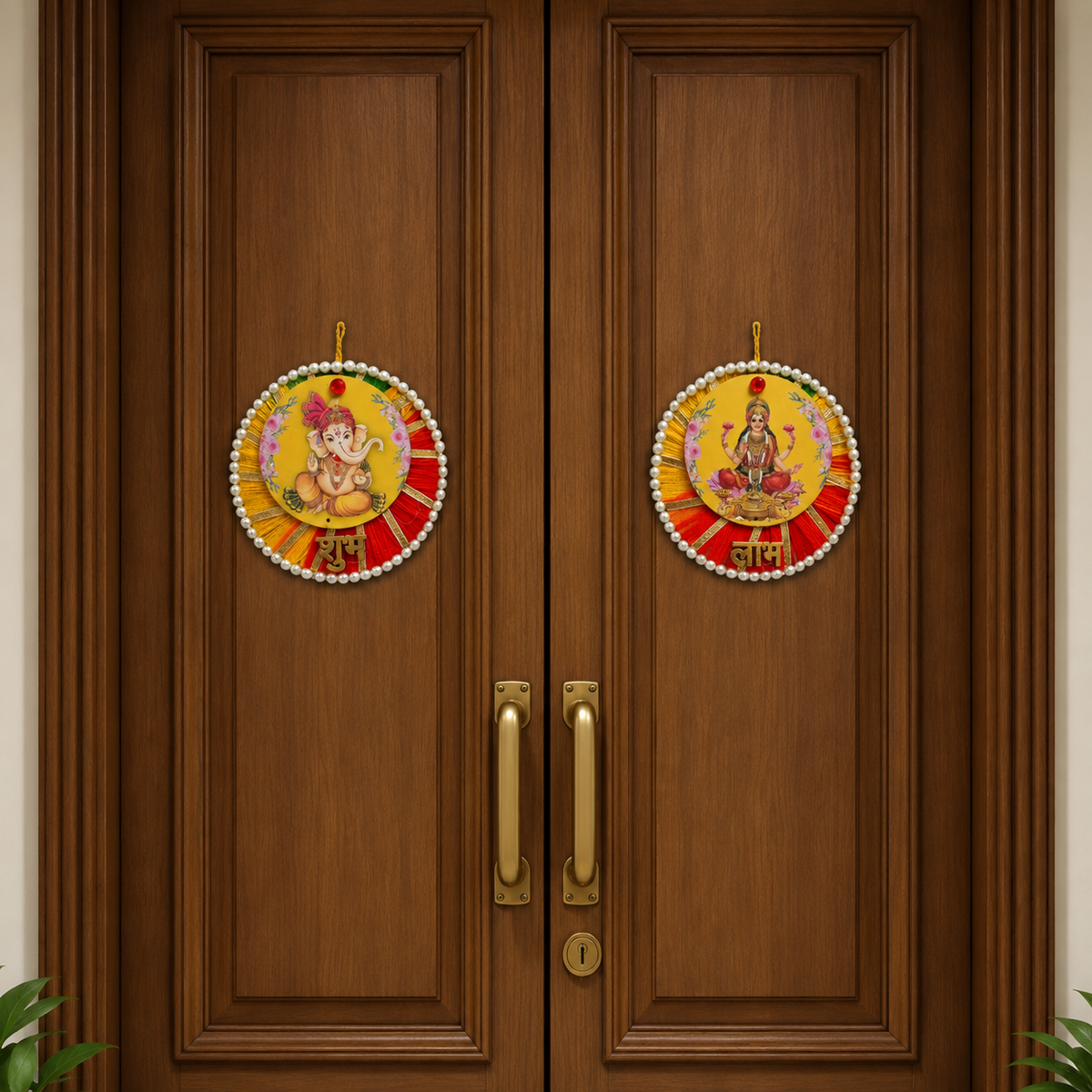 Ethnic Ganesha Lakshmi Door Hanging – 13 cm Reusable Traditional Signage for Entrance, Housewarming & Festive Home Decor, (Set of 2, Multicolour)
