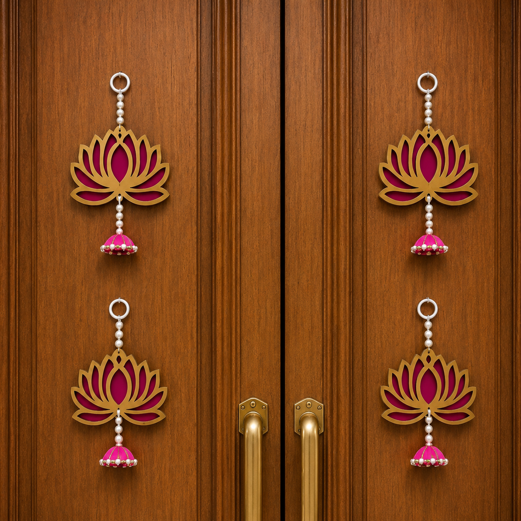 Ethnic Lotus Door Hanging – Reusable Traditional Signage for Entrance, Living Room & Festive Home Decor, Washable & Long Lasting (Set of 4, Pink & Gold)