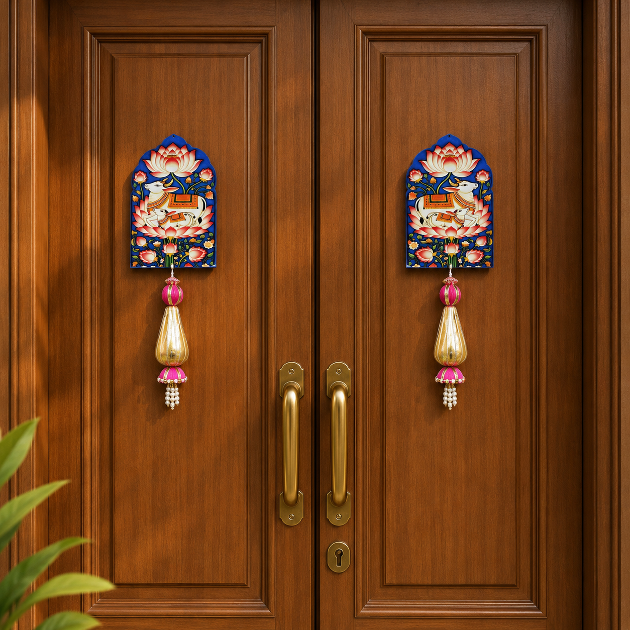 Ethnic Kamdhenu Wall Hanging – 28 cm Reusable Traditional Door Ornament for Entrance, Office & Festive Home Decor, (Set of 2, Multicolour)