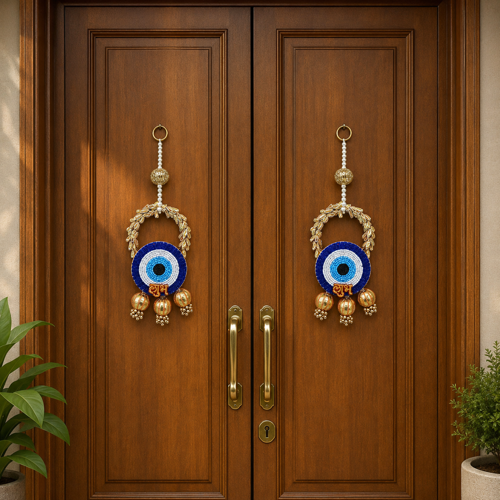 Decorative Evil Eye Shubh Labh Door Hanging – 27 cm Traditional Wall Decor, Protection, Housewarming & Festive Home Ornament (Set of 2)
