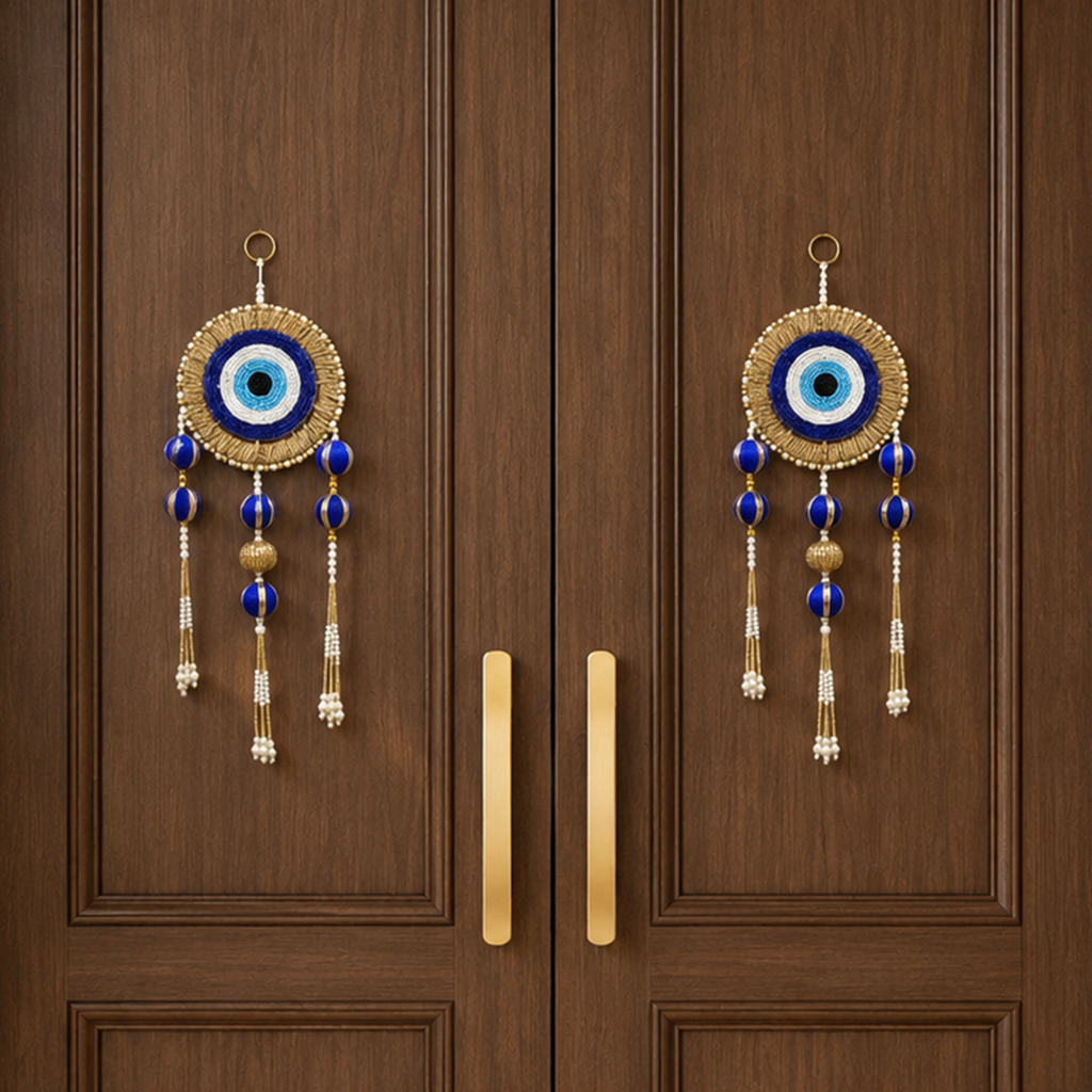 DiaCraft Ethnic Evil Eye Door Hanging – 35 cm Traditional Protective Signage for Entrance, Living Room & Festive Home Decor, Beads & Pearl Tassels, Washable & Long Lasting (Set of 2, Blue)