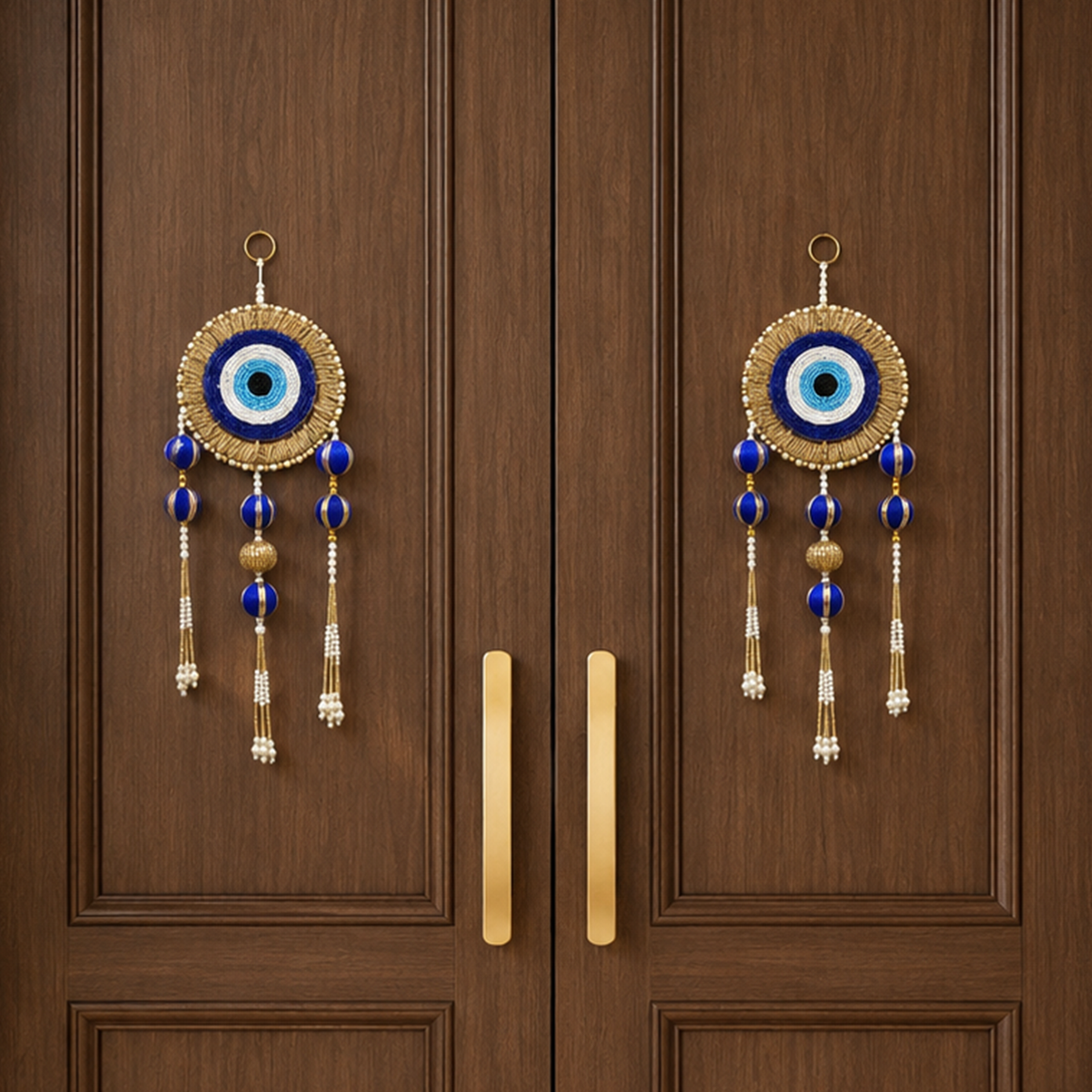 DiaCraft Ethnic Evil Eye Door Hanging – 35 cm Traditional Protective Signage for Entrance, Living Room & Festive Home Decor, Beads & Pearl Tassels, Washable & Long Lasting (Set of 2, Blue)