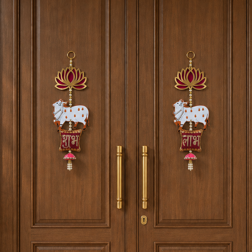 Ethnic Shubh Labh Door Hanging – 30 cm Traditional Decorative Signage for Entrance, Living Room & Festive Home Decor, Washable & Long Lasting (Set of 2)