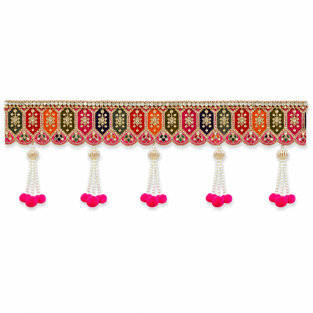 Handmade Decorative Toran for Door Hanging – Traditional Embroidered Bandhanwar with Pearl Tassels & Pom-Poms, Ethnic Wall Decor for Diwali, Pooja Room, 100cm