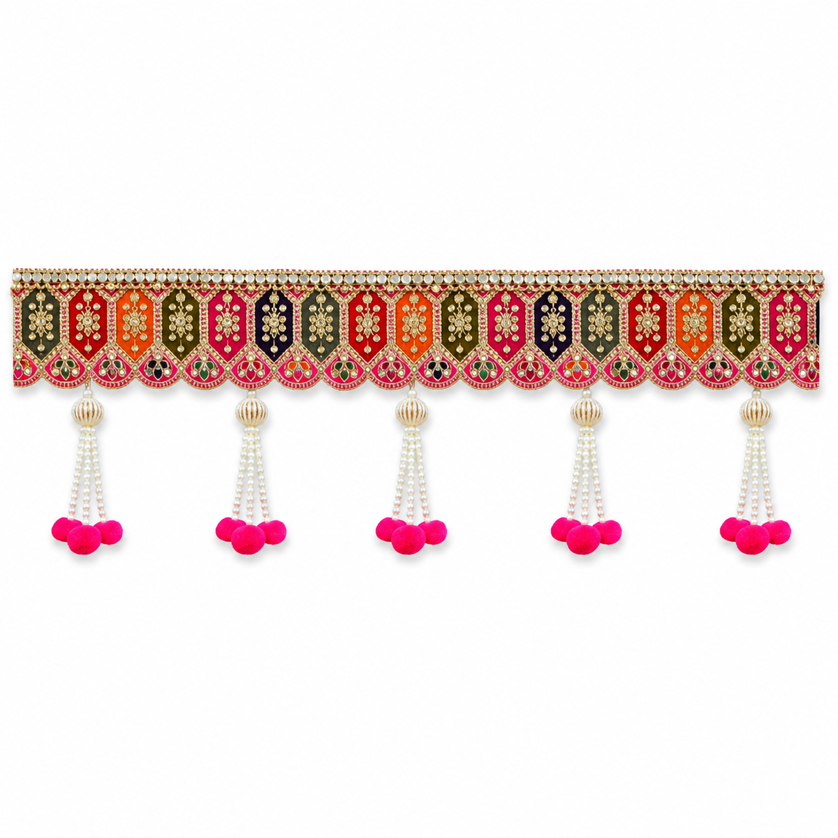 Handmade Decorative Toran for Door Hanging – Traditional Embroidered Bandhanwar with Pearl Tassels & Pom-Poms, Ethnic Wall Decor for Diwali, Pooja Room, 100cm