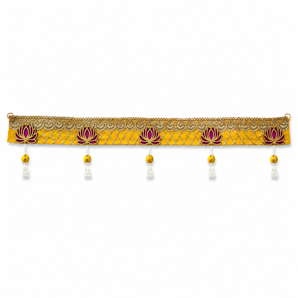 Handmade Decorative Lotus Door Toran - 100 cm Traditional Yellow & Gold Bandhanwar with Pearl Accents for Main Entrance, Pooja Room, and Festive Home Decor