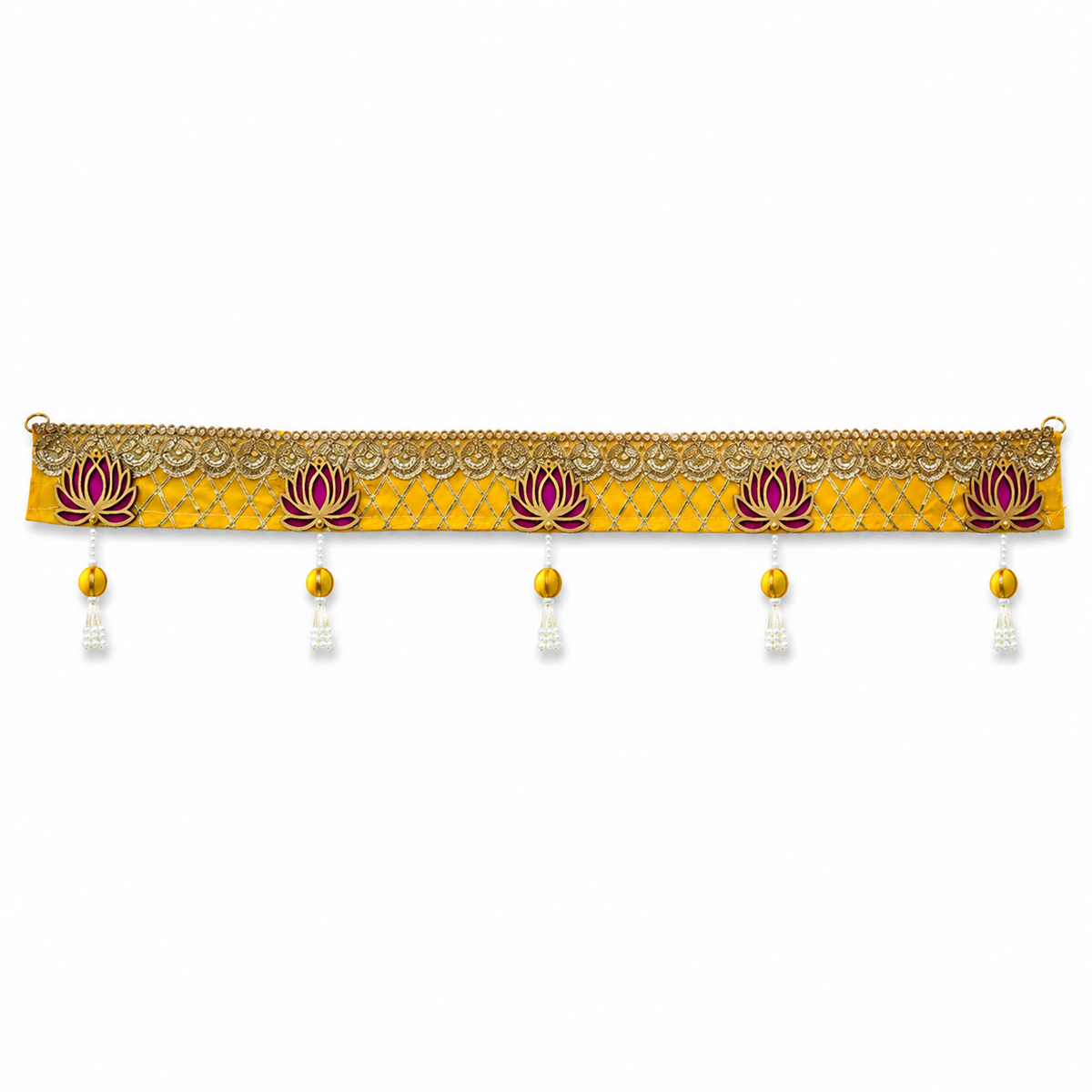 Handmade Decorative Lotus Door Toran - 100 cm Traditional Yellow & Gold Bandhanwar with Pearl Accents for Main Entrance, Pooja Room, and Festive Home Decor