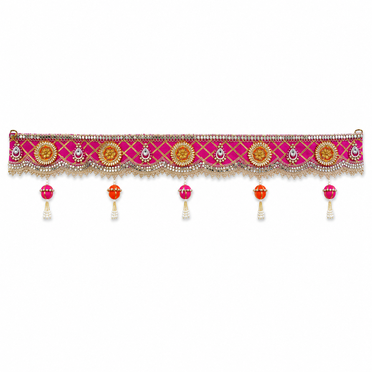 Handmade Decorative Door Toran - 100 cm Traditional Pink & Gold Bandhanwar with Mirror Work, Floral Accents, and Pearl Tassels for Main Entrance, Pooja Room, and Festive Home Decor
