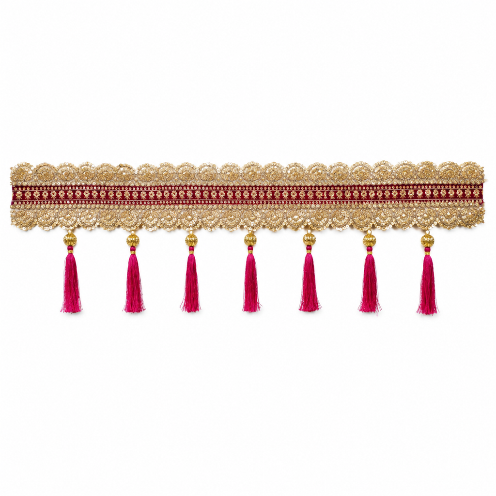 Handmade Decorative Toran for Home Entrance – 100 cm Embroidered Door Hanging with Tassels, Ethnic Traditional Wall Decor for Festivals, Weddings, and Pooja Room (Maroon & Gold)