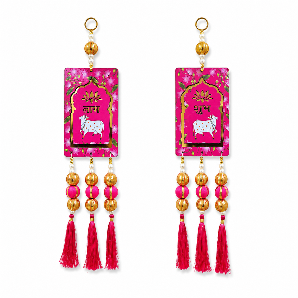Ethnic Cow Door Hanging – 42 cm Reusable Traditional Signage for Entrance, Living Room & Festive Home Decor, Washable & Long Lasting (Set of 2, Pink)