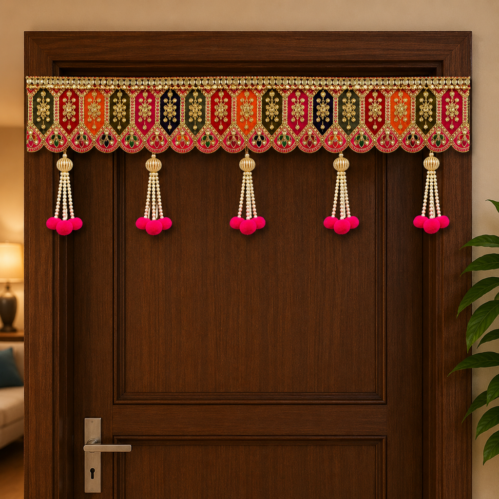 Handmade Decorative Toran for Door Hanging – Traditional Embroidered Bandhanwar with Pearl Tassels & Pom-Poms, Ethnic Wall Decor for Diwali, Pooja Room, 100cm