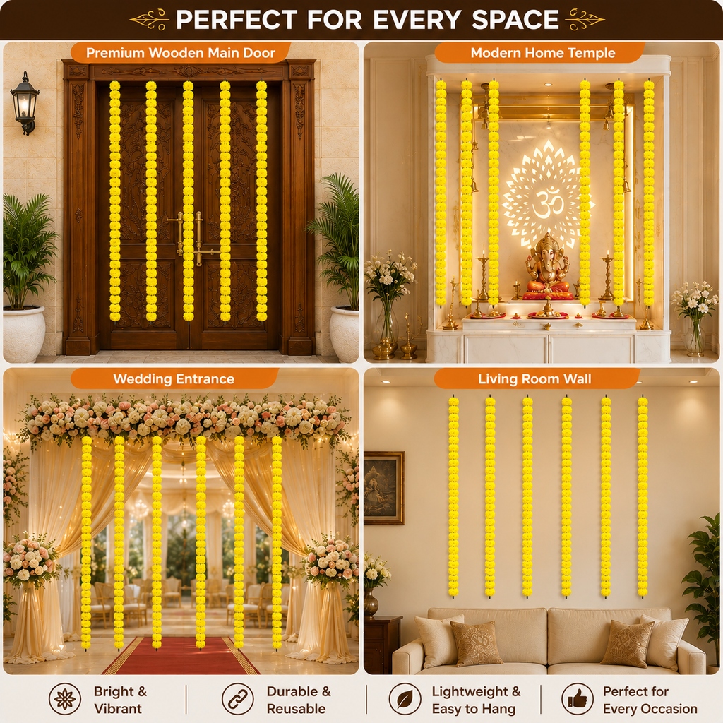 Artificial Marigold Flower Garlands for Decoration - 140cm Hanging Strings for Diwali, Wedding, Mandir, and Festive Home Decor (Yellow & Orange, Pack of 10)