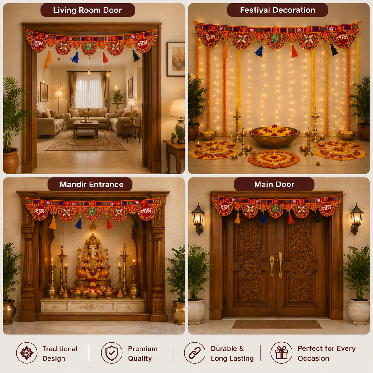 Traditional Shubh Labh Door Toran for Main Entrance Decoration - 90 cm Festive Hanging for Home, Diwali, Wedding, Housewarming, and Office Decor (Red & Multi-Color)