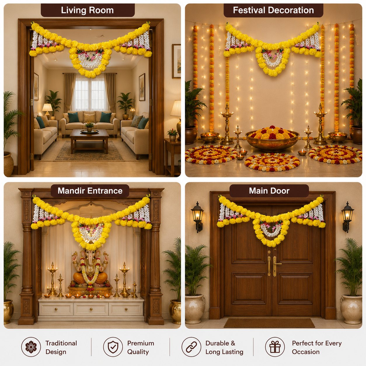 Artificial Marigold Door Toran for Main Entrance - 82 cm Festive Hanging Decoration for Diwali, Wedding, Housewarming, and Home Decor (Yellow & White)