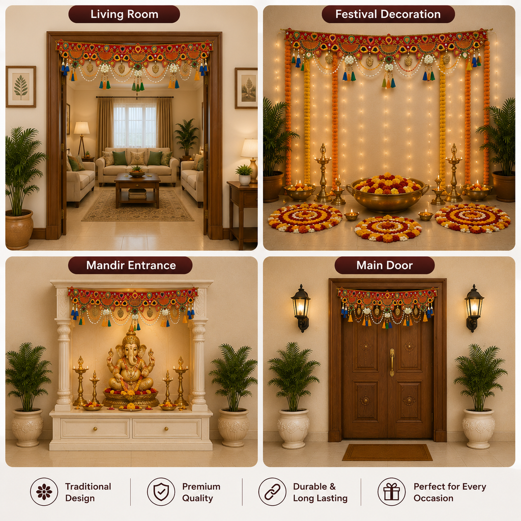 Traditional Decorative Toran with Circular Marigold Hanging Flowers – Ethnic Festive Door Decor for Diwali, Wedding, and Home Entrance
