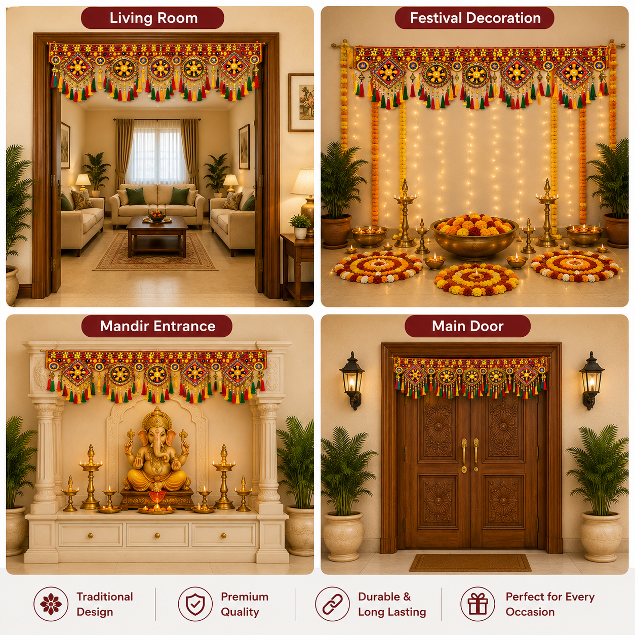 Traditional Ethnic Door Toran with Decorative Cow Hangings & Marigold Strings – Handmade Festive Home Decor for Diwali, Wedding, and Mandir Entrance