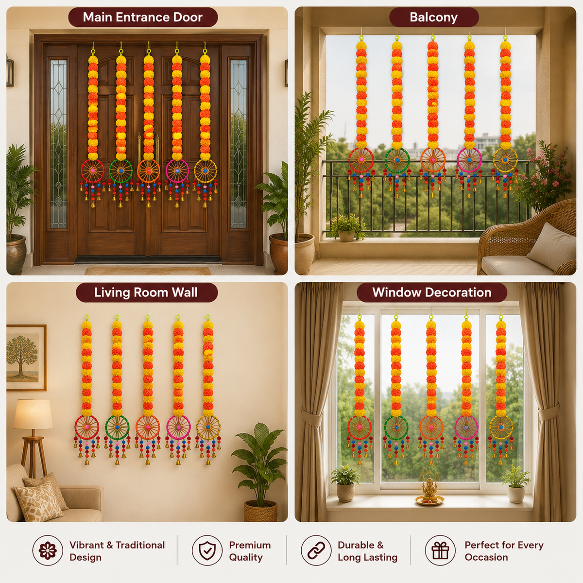 Artificial Marigold Flower Hanging Decorations for Home Decore Wheels, Bells, and Tassels for Diwali, Pooja Room, and Festival Backdrop (84cm, Set of 5