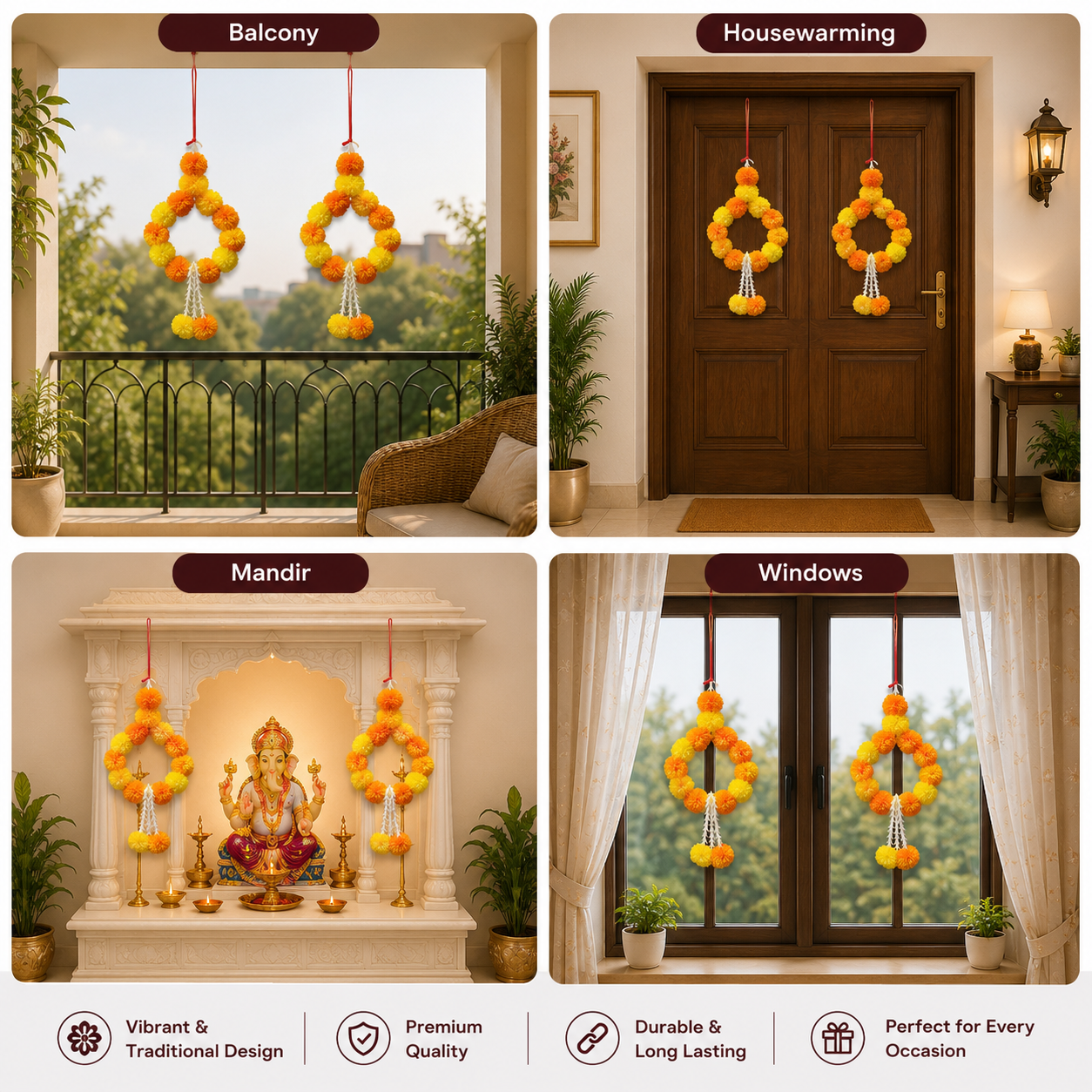 Traditional Decorative Toran with Circular Marigold Hanging Flowers – Ethnic Festive Door Decor for Diwali, Wedding, and Home Entrance