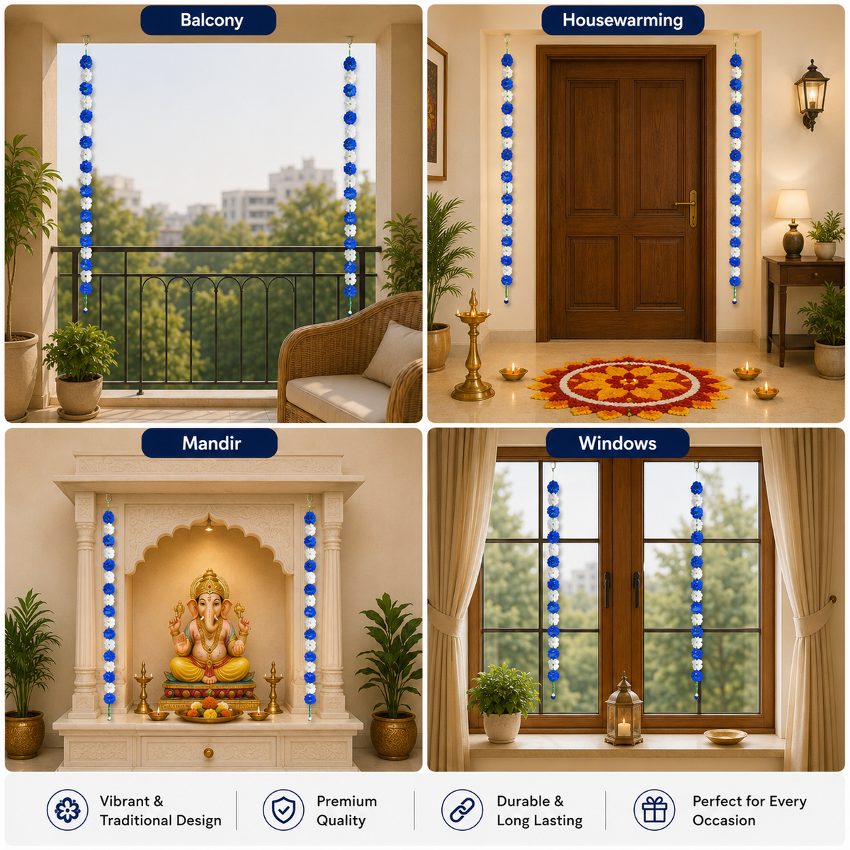 Artificial Flower Toran Set for Door Entrance – Decorative Shubh Labh Hanging with Side Strings for Diwali, Wedding, and Home Decor (Blue & White)