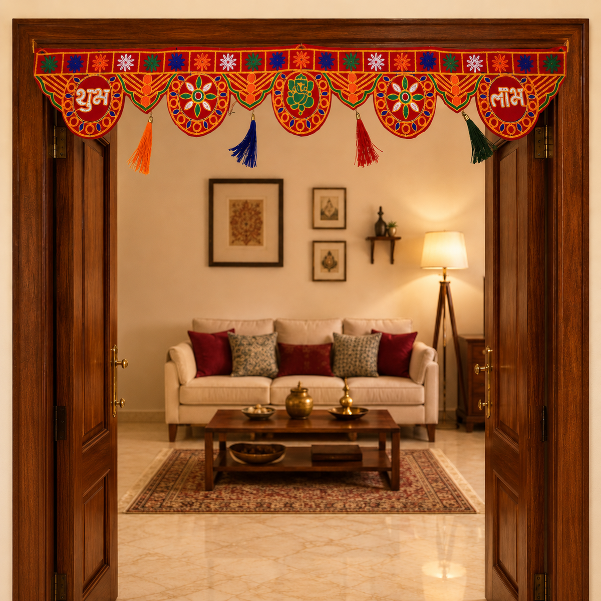 Traditional Shubh Labh Door Toran for Main Entrance Decoration - 90 cm Festive Hanging for Home, Diwali, Wedding, Housewarming, and Office Decor (Red & Multi-Color)