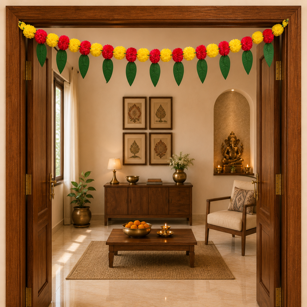 Artificial Marigold and Leaf Toran for Door Decoration - 90 cm Festive Garland Hanging for Home Entrance, Diwali, Wedding, and Wall Backdrop Decor (Pack of 1, Red & Yellow)