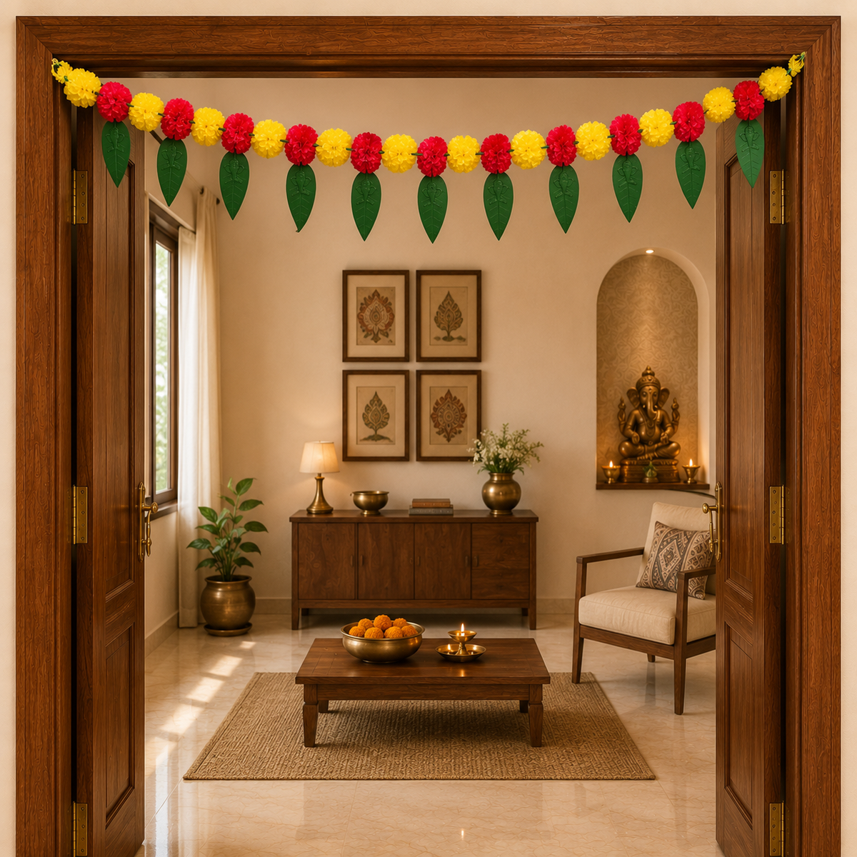 Artificial Marigold and Leaf Toran for Door Decoration - 90 cm Festive Garland Hanging for Home Entrance, Diwali, Wedding, and Wall Backdrop Decor (Pack of 1, Red & Yellow)