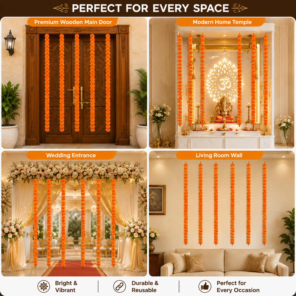 Artificial Marigold Flower Garlands for Decoration - 140cm Hanging Strings for Diwali, Wedding, Mandir, and Festive Home Decor (Yellow & Orange, Pack of 10)