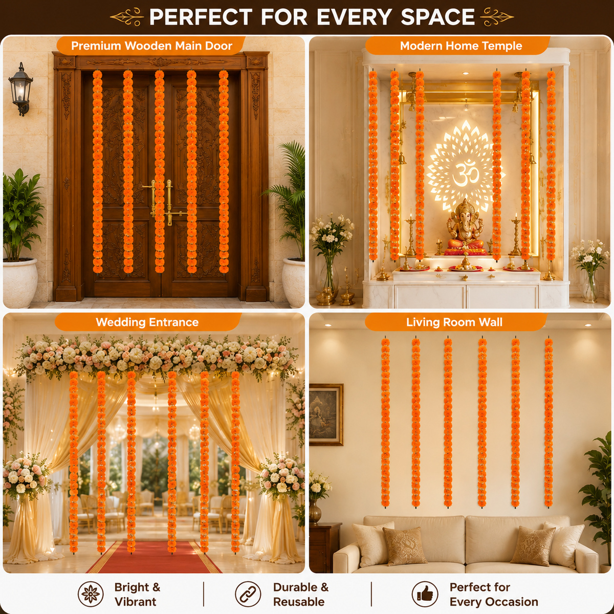 Decorative Traditional Door Toran with Artificial Marigold Hanging Strings – Festive Home Decor for Diwali, Wedding, and Mandir Entrance (Yellow & Orange)