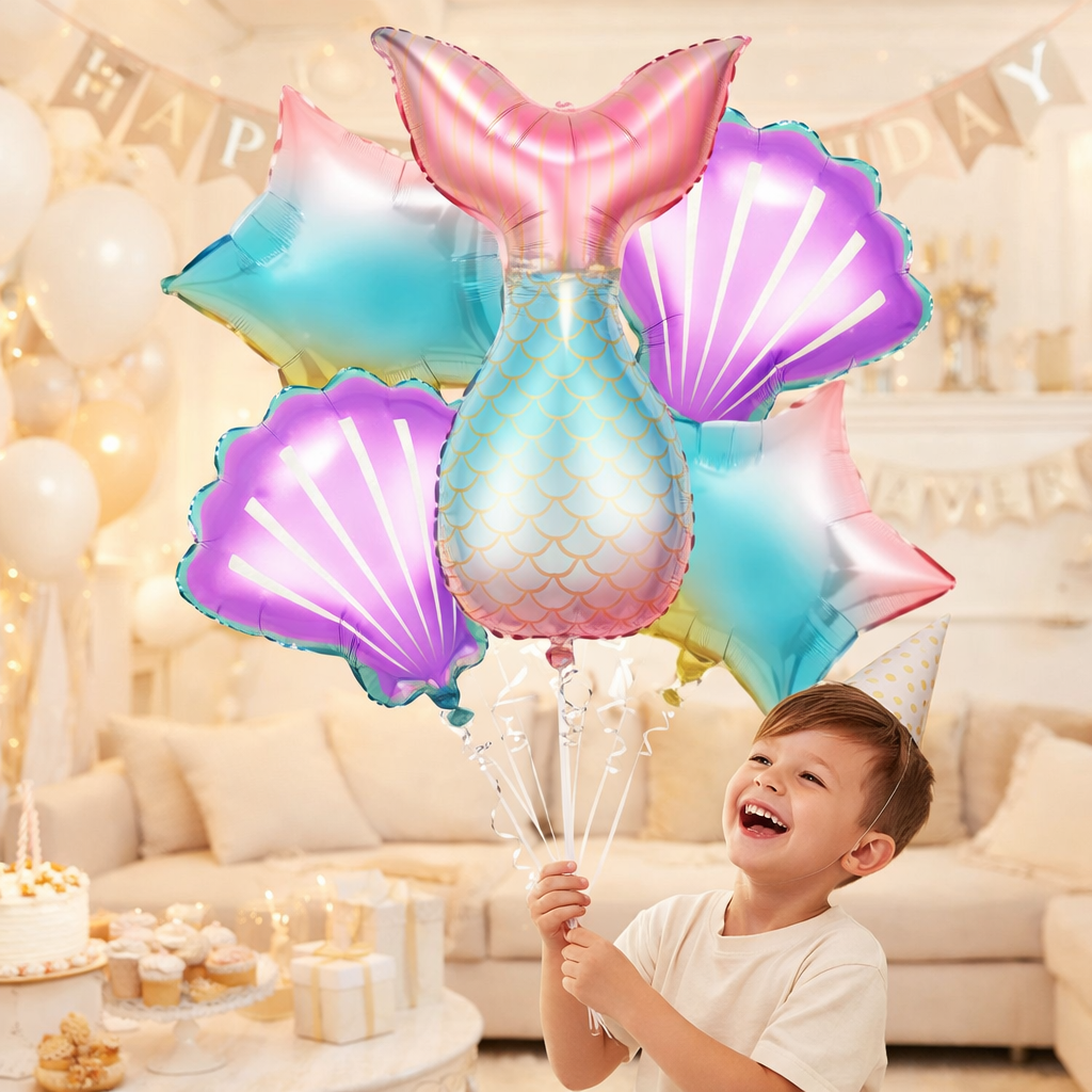 Mermaid Tail Balloon Set - 5 Pcs Foil Balloon Kit with Shell & Star Shapes for Under the Sea Theme Birthday Decorations 2