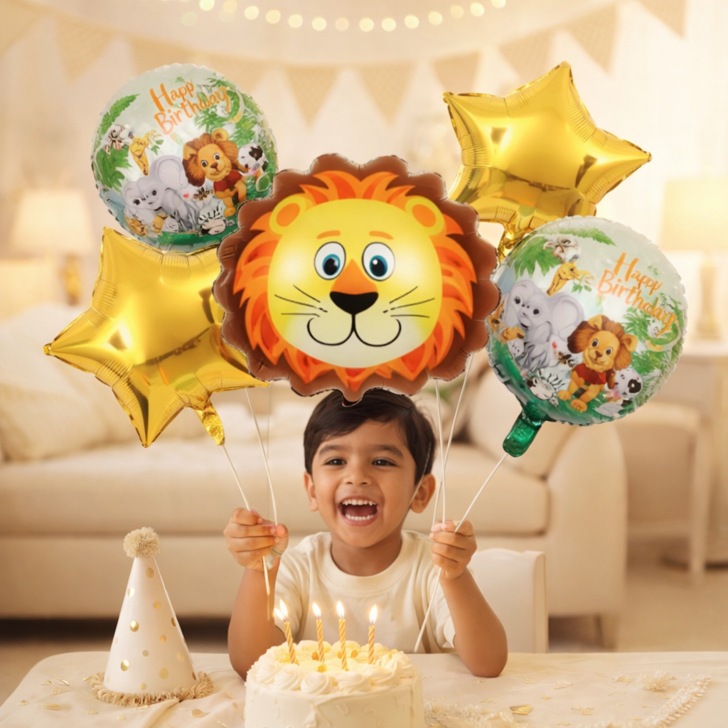 5-Piece Safari Jungle Theme Birthday Balloon Set - Large Lion Foil Balloon, Gold Stars, and Animal Happy Birthday Mylar Balloons for Kids' Party Decorations 2