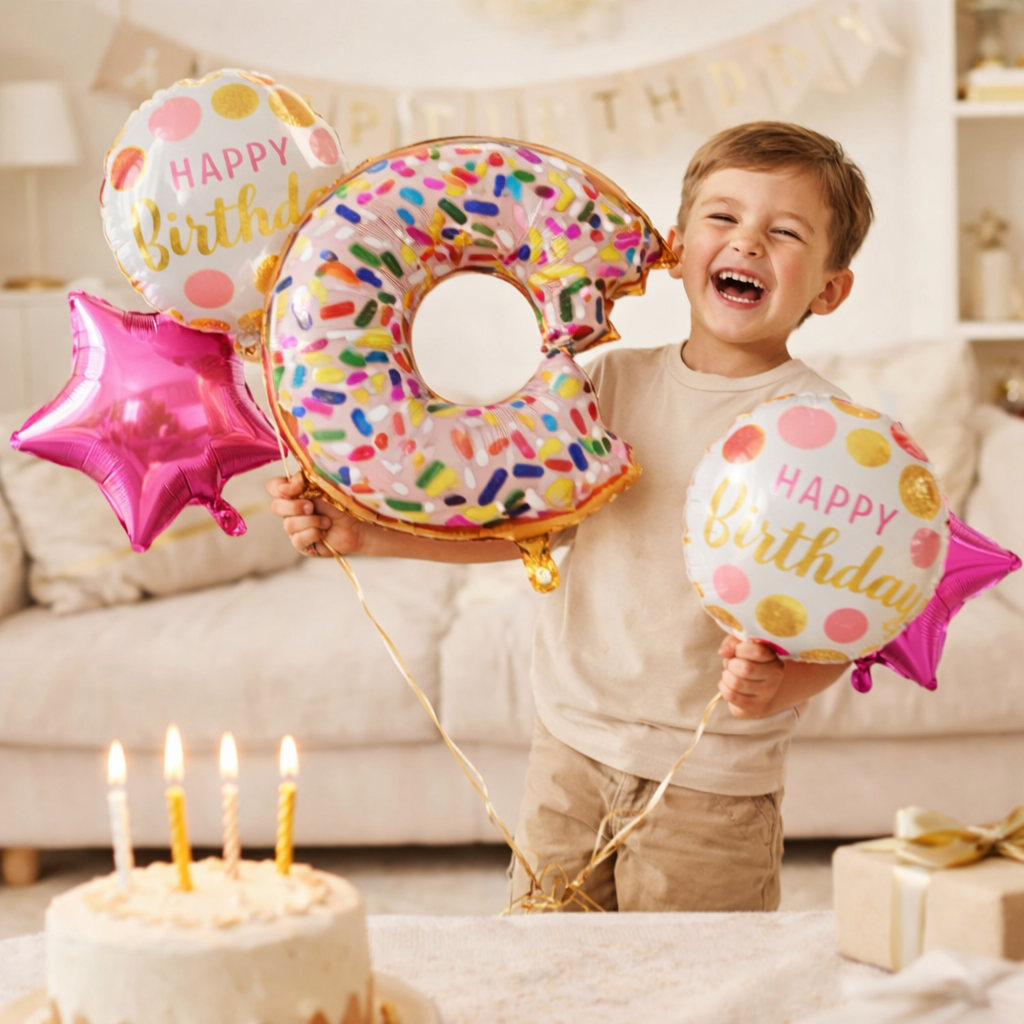 Sweet Donut Party Balloon Bouquet - Pink & Gold Sprinkles Foil Balloons - Set of 5 Birthday Decoration Items for Kids & Girls' Parties 2