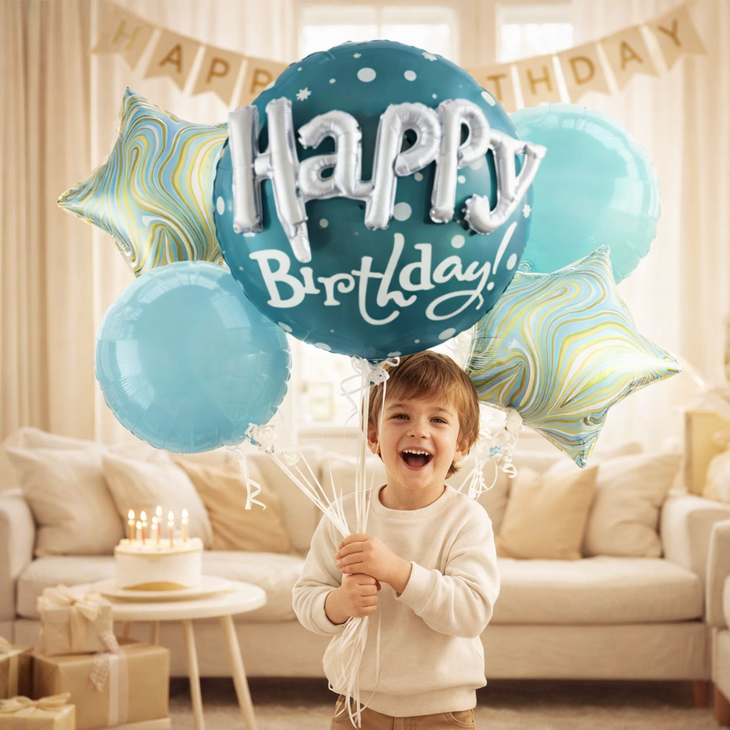 Aesthetic Blue Marble Birthday Balloon Bouquet - 5-Piece Happy Birthday Foil Set - Elegant Star & Round Foil Balloons for Birthday Party Backdrop
