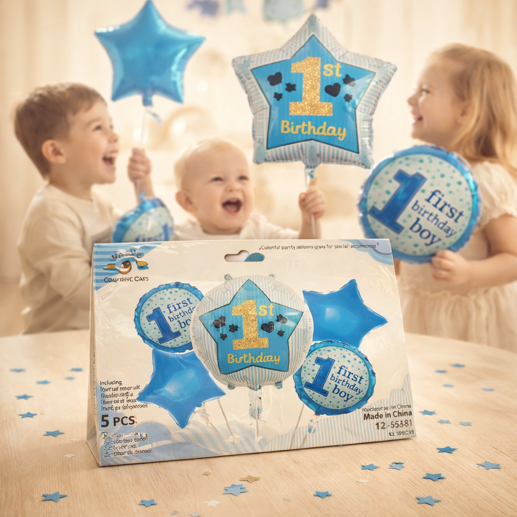 1st Birthday Boy Foil Balloon Pack of 5