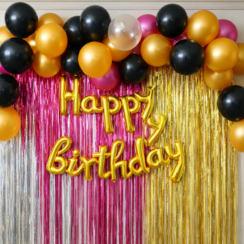53 Pcs Birthday Celebration Kit - Golden Happy Birthday Foil Balloon, Metallic Balloons & Foil Fringe Curtains - Complete Party Decoration Set for Kids & Adults 1
