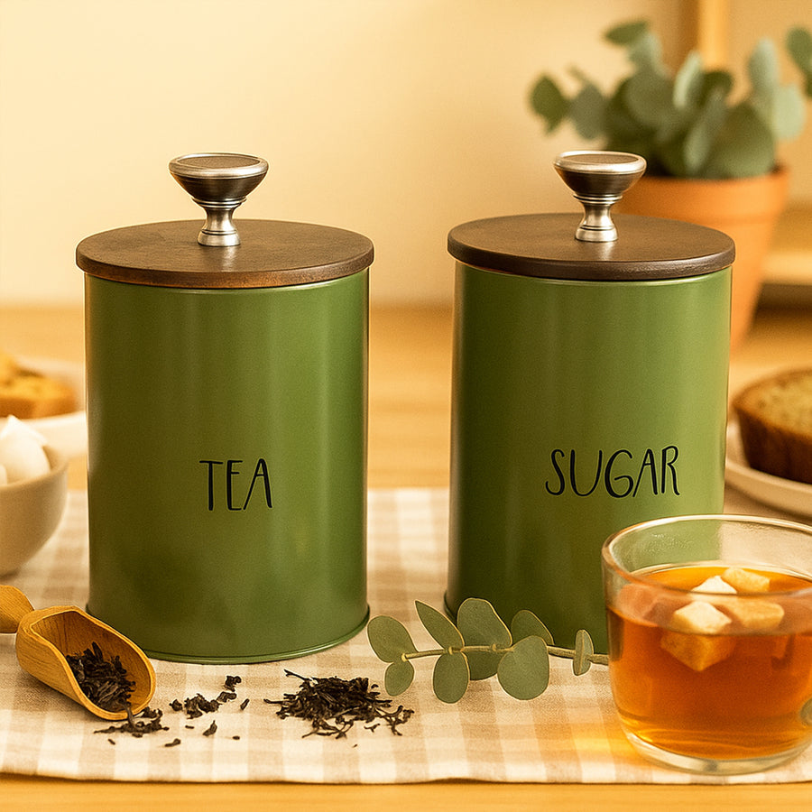 Tea And Suger Jar Container Set of 2 With Airtight Wood Lids For Kitchen (Green) 1