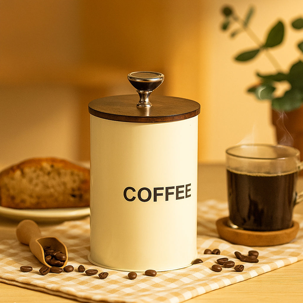 Coffee Jar Container With Air Tight Wood Lid for Kitchen (White) 1 