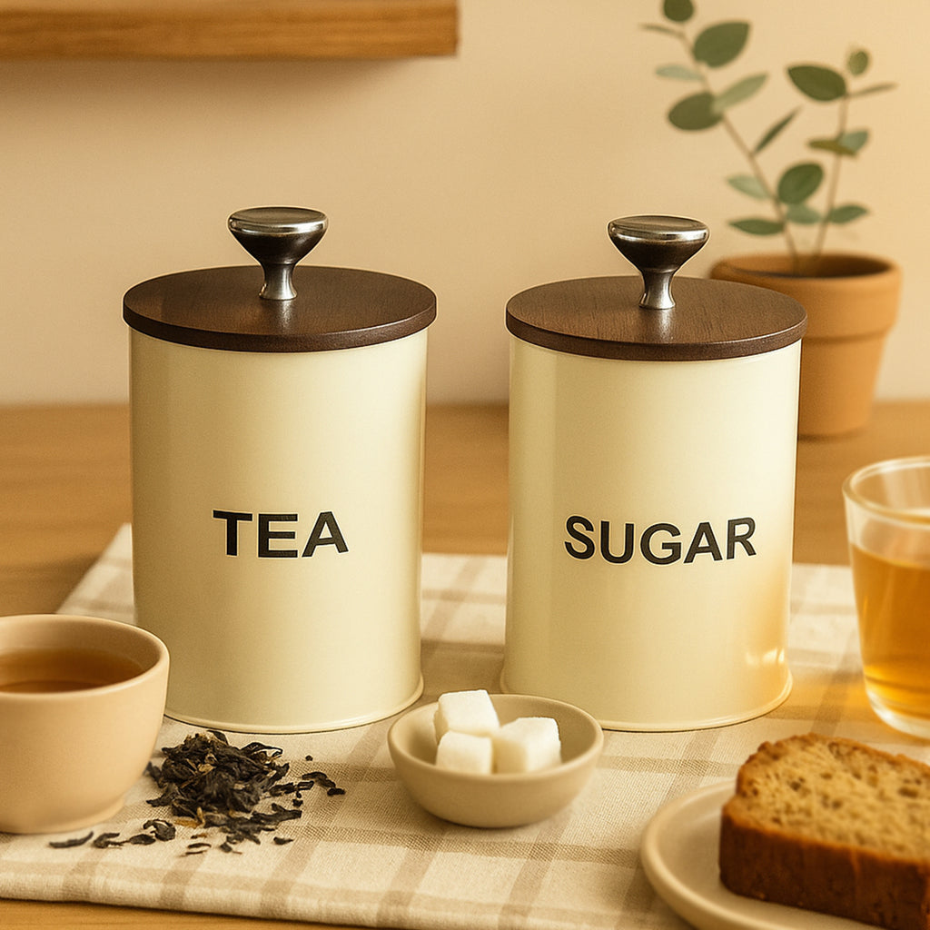 Tea Suger Jar Container With Air Tight Wood Lid Set of 2 For Kitchen (White) 1